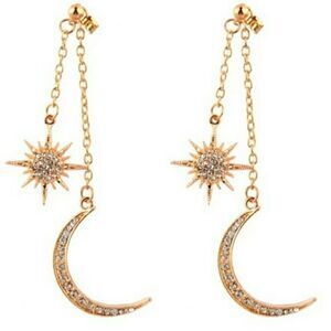 Celestial Stunning Crystal Dangle Moon & Star Gold Earrings